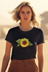 Ay Çiçeği Baskılı Siyah Unisex T-Shirt