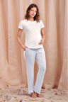 Kadın Beyaz Yarım Düğmeli Kısa Kol T-shirt Viskon Kumaş Lohusa Pijama Takımı Q9P0K8C7K