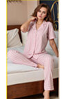 Kadın Pembe Pamuklu Çizgili Patlı Pijama Takımı