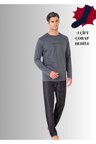 %100 Pamuklu Bisiklet Yaka Uzun Kol Düz Paça Pijama Takımı (Çorap Hediyeli)