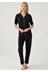 Kadın Siyah Pamuklu Modal Boydan Patlı Kısa Kol Kutulu Pijama Takımı Q8.U.8O.K2.K.A6.P.C