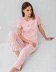 Pierre Cardin Kadın Kısa Kollu Pijama Takımı – %50 Modal %50 Pamuk, Çizgili Uzun Alt, Rahat Kalıp