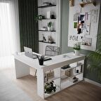 Robin Home Boston Kitaplık Raflı Çalışma Masası L Masa Ofis Masası Beyaz