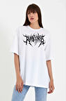 Reka Moda Unisex Bisiklet Yaka Baskılı Oversize T-Shirt - Beyaz