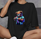 Reka Moda Unisex Bisiklet Yaka Baskılı Oversize T-Shirt - Siyah