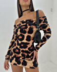Reka Moda Kadın Madonna Mendil Yaka Leopar Desen Mini Elbise