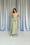 Reka Moda Yeşil Beli Büzgülü İnci Askılı Uzun Elbise