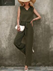 Reka Moda Kadın Kolsuz V Yakalı Aerobin Bluz Ve Belden Kuşaklı Pantolon Ikili Takım
