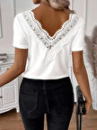 Reka Moda Kadın Kısa Kollu V Yakalı Arkası Dantelli Viskon Bluz