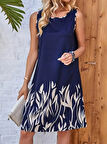 Reka Moda Kadın Askılı Yuvarlak Yakalı Yaprak Desenli Dalgıç Elbise