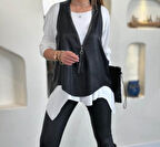 Reka Moda Kadın Uzun Kollu Asimetrik Kesim Viskon Bluz Ve çatlak Deri Görünümlü Yelek Ikili Takım