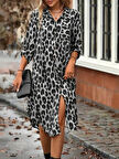 Reka Moda Kadın Uzun Kollu Yakalı önden Düğmeli Leopar Desenli Modal Midi Elbise
