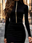 Reka Moda Kadın Uzun Kollu Balıkçı Yaka Yakadan Göğüse Kadar Fermuar Detaylı Mini Kadife Elbise