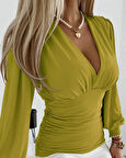 Reka Moda Kadın Uzun Kollu Derin V Yakalı önden Büzgülü Sandy Bluz
