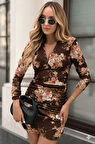 Reka Moda Kadın Uzun Kollu V Yakalı çiçek Desenli Dalgıç Mini Elbise