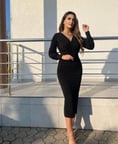 Kadın Uzun Kollu Kruvaze Yaka Büzgü Ve Balon Kol Detay Krep Kumaş Maxi Boy Simli Elbise