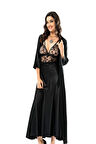 Kadın 2080 Dantel Detaylı Saten Sabahlık Takımı Siyah