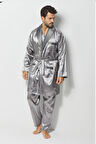 Gri Erkek Ropdöşambır ve Saten Pijama Takımı 4'lü Set - M