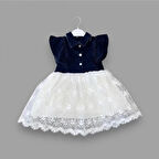 2-3-4 Yaş Astarlı Brode Etekli Kot Kumaş Düğmeli Kız Çocuk Elbisesi Lacivert