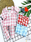 9-12-18-24 Ay Düğme Kapamalı Ekose Desenli 2li Kız Erkek Bebek Pijama Takımı Mavi