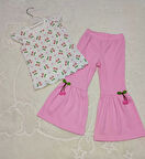 1-2-3-4 Yaş Kiraz Baskılı Tişört İspanyol Paçalı Likralı 2li Kız Çocuk Takımı Pembe