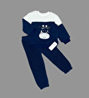 1-2-3 Yaş Ponponlu Zürafa Desenli Kuzu Kumaş Uzun Kollu 2li Kız Erkek Çocuk Takımı Lacivert