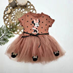 2-3-4 Yaş Puantiyeli Mickey Baskılı Kurdela Kuşaklı Astarlı Kız Bebek Tütü Elbisesi Kahverengi