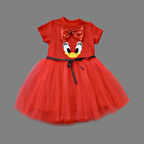 1-2-3 Yaş Payet Fiyonk Tokalı Ördek Nakışlı Astarlı Kız Bebek Tütü Elbisesi Kırmızı