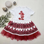 1-2-3 Yaş Payetli Mickey Baskılı Brode Etekli Kız Bebek Elbisesi Kırmızı