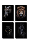 Çerçevesiz Poster,4'lü Hayvan Posterleri Aslan,Panter,Fil,At Dijital Baskı Karanlık Tema