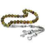 Kararmaz Metal Püsküllü Küre Kesim Damarlı Yosun Yeşili Akik Doğaltaş Tesbih