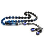 1000 Ayar Gümüş Kazaz Püsküllü Arpa Kesim Süzme Mavi-Siyah Sıkma Kehribar Tesbih