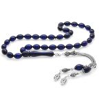 925 Ayar Gümüş Çift Püsküllü Arpa Kesim Lacivert Sıkma Kehribar Tesbih