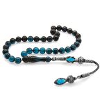 1000 Ayar Gümüş Kazaz Püsküllü Küre Kesim Süzme Turkuaz-Siyah Ateş Kehribar Tesbih