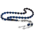 925 Ayar Gümüş Çift Püsküllü Arpa Kesim Süzme Mavi-Siyah Sıkma Kehribar Tesbih