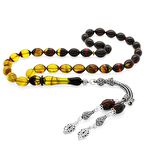 925 Ayar Gümüş Çift Püsküllü Arpa Kesim Süzme Bala-Siyah Ateş Kehribar Tesbih