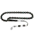 925 Ayar Gümüş Püsküllü Gümüş-Firuze İşlemeli Silindir Kesim Erzurum Oltu Taşı Tesbih