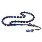 1000 Ayar Gümüş Kazaz Püsküllü Arpa Kesim Mavi-Siyah Sıkma Kehribar Tesbih