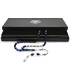 925 Ayar Gümüş Püsküllü Arpa Kesim Gümüş İsim Yazılı Mavi-Siyah Sıkma Kehribar Tesbih