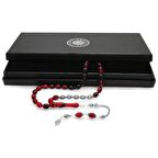 925 Ayar Gümüş Püsküllü Arpa Kesim Gümüş İsim Yazılı Kırmızı-Siyah Ateş Kehribar Tesbih