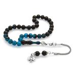 925 Ayar Gümüş Püsküllü Küre Kesim Bilek Boy Süzme Turkuaz-Siyah Ateş Kehribar Tesbih