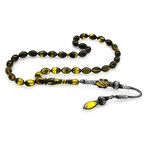 1000 Ayar Gümüş Kazaz Püsküllü Arpa Kesim Sarı-Siyah Ateş Kehribar Tesbih