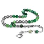 Kararmaz Metal Püsküllü Küre Kesim İsim Yazılı Yeşil-Beyaz Akik Doğaltaş Tesbih