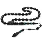 Sistemli Gümüş-Firuze İşlemeli Arpa Kesim Erzurum Oltu Taşı Tesbih