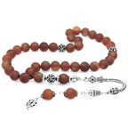 925 Ayar Gümüş Püsküllü Küre Kesim Mat Kırmızı Akik Doğaltaş Tesbih