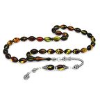 925 Ayar Gümüş Püsküllü Arpa Kesim Bala-Siyah Ateş Kehribar Tesbih