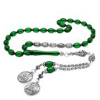 Kararmaz Metal Püsküllü Kişiye Özel İsim Yazılı Yeşil Ateş Kehribar Tesbih