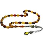 1000 Ayar Gümüş Kazaz Püsküllü Uçlu Kapsül Kesim Şeffaf Bala-Siyah Ateş Kehribar Tesbih