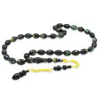 Gold Renk 925 Ayar Gümüş Püsküllü İmamesı Usta İşçilikli Arpa Kesim Sedefli Turkuaz-Siyah Katalin Tesbih