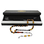 925 Ayar Gümüş Püsküllü Arpa Kesim Gümüş İsim Yazılı Bala-Siyah Ateş Kehribar Tesbih